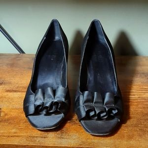 Black satin ruffle peep toe heels